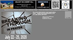 Grey event flyer with a photo of a broken mirror with the words “Breaking Through in Prayer” and other event details