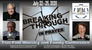 Grey event flyer with a photo of a broken mirror with the words “Breaking Through in Prayer” and photos of three people